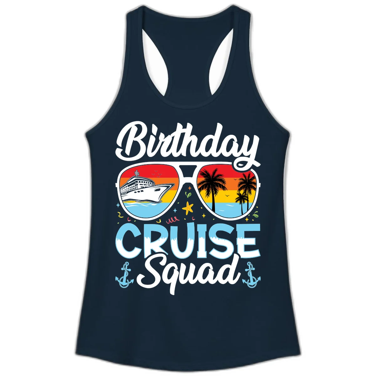 Birthday Cruise Squad Sunglasses Ladies Tank Top in Solid Midnight Navy