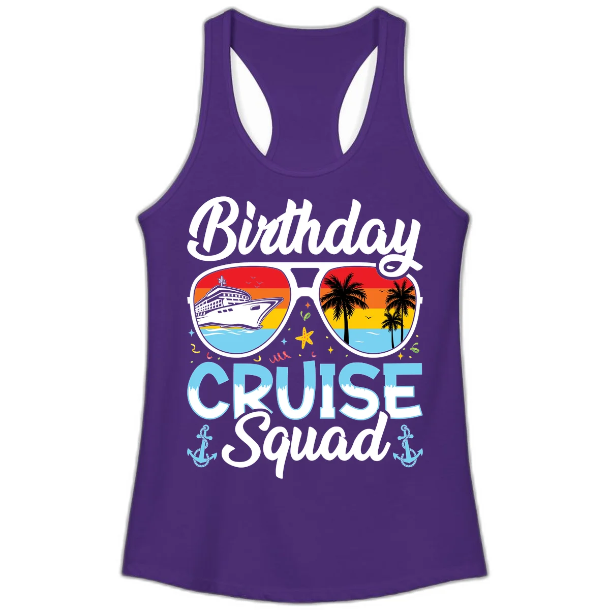Birthday Cruise Squad Sunglasses Ladies Tank Top in Solid Purple Rush