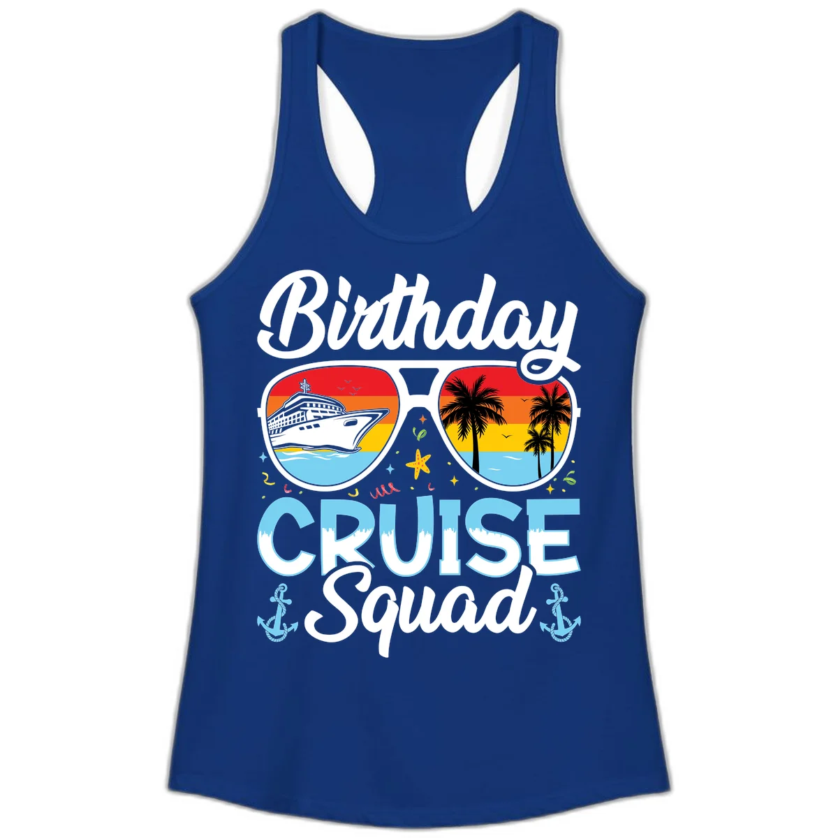 Birthday Cruise Squad Sunglasses Ladies Tank Top in Solid Royal