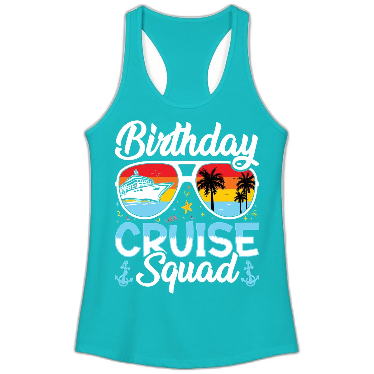 Birthday Cruise Squad Sunglasses Ladies Tank Top in Tahiti Blue