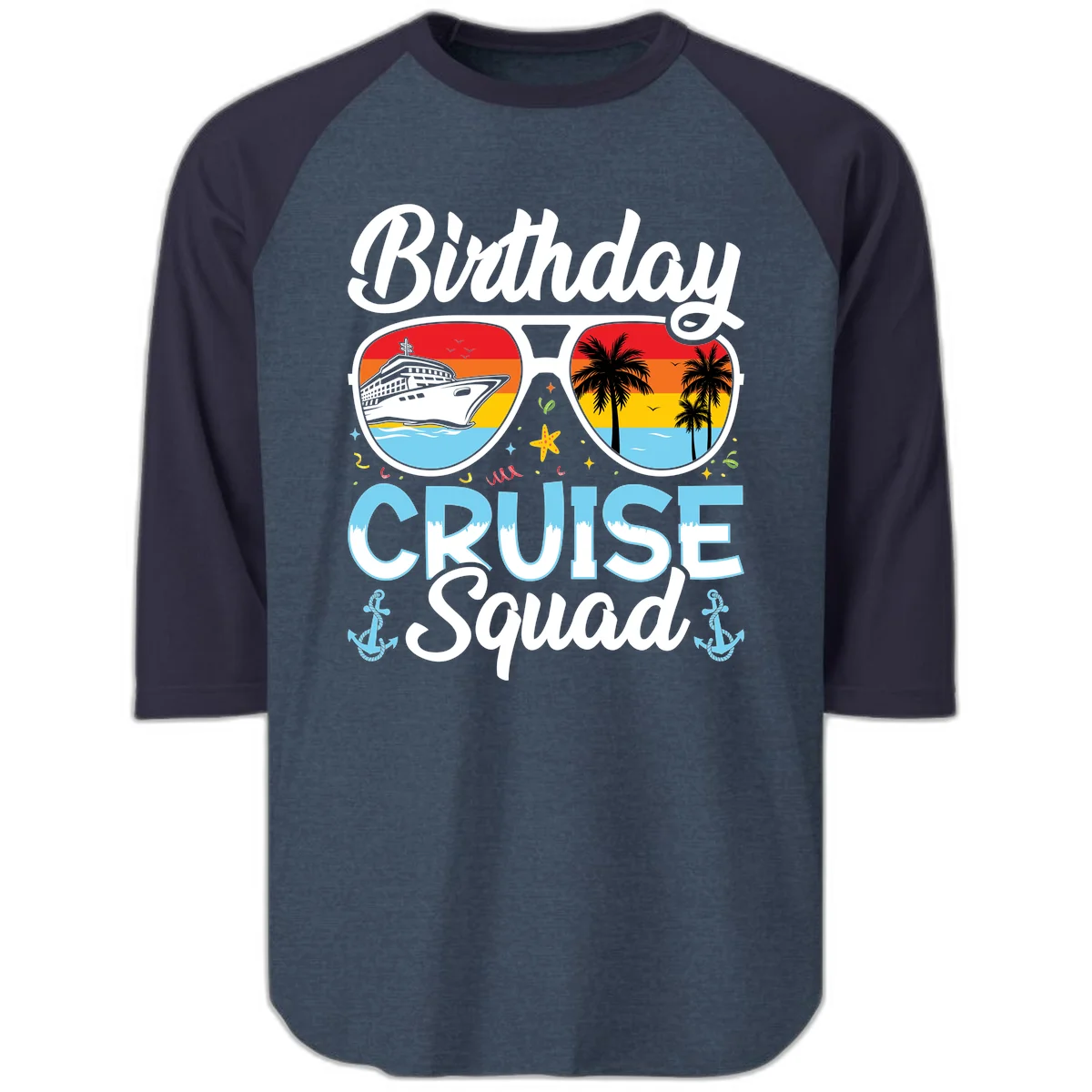 Birthday Cruise Squad Sunglasses Raglan 3/4 Sleeve in Heather Denim Navy