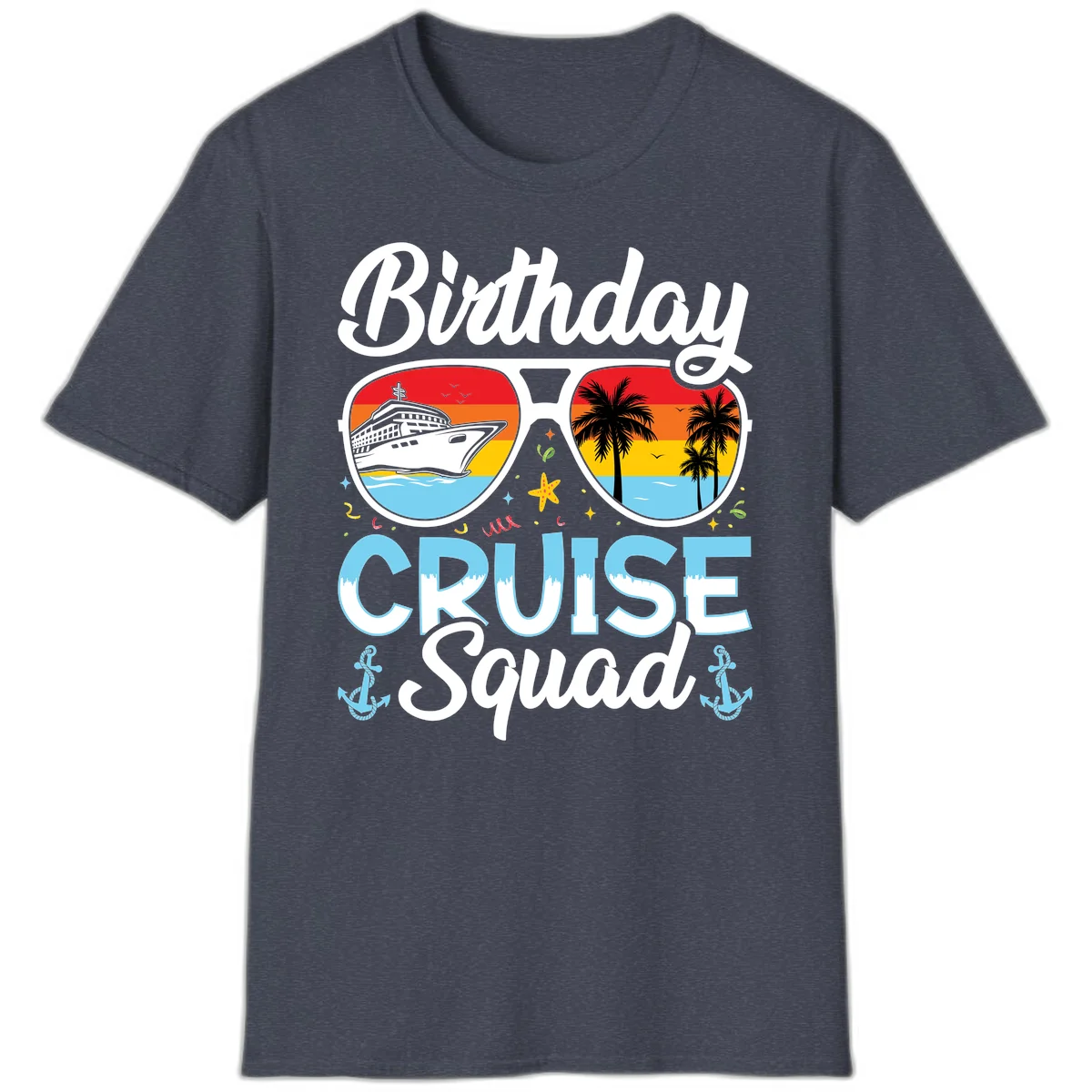 Birthday Cruise Squad Sunglasses T-Shirt in Heather Navy
