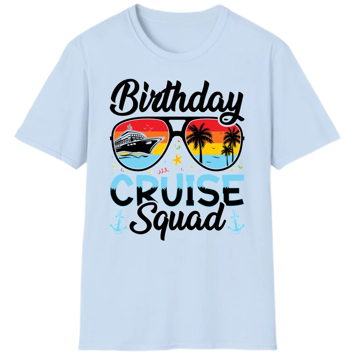 Birthday Cruise Squad Sunglasses T-Shirt in Light Blue