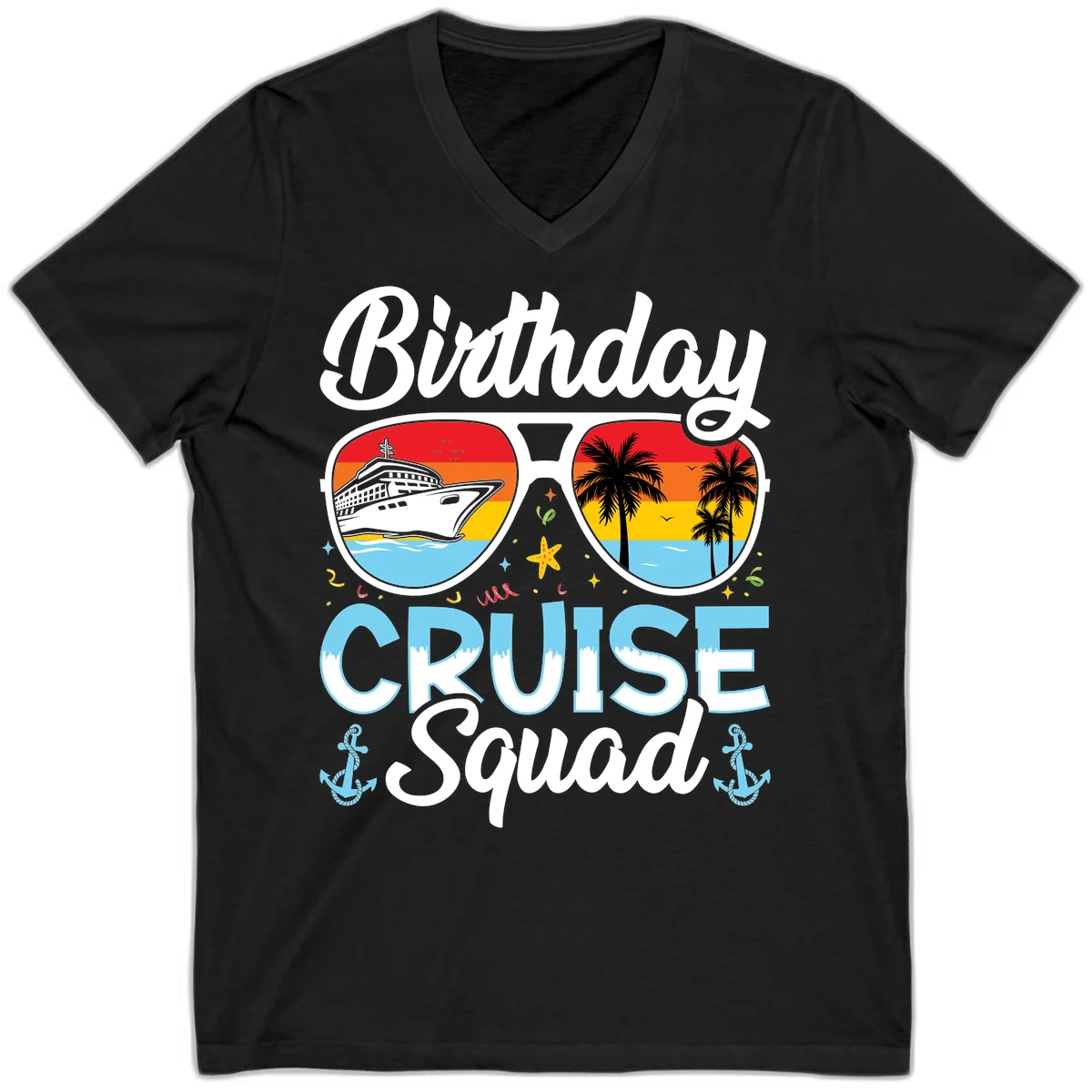 Birthday Cruise Squad Sunglasses V-Neck T-Shirt in Black