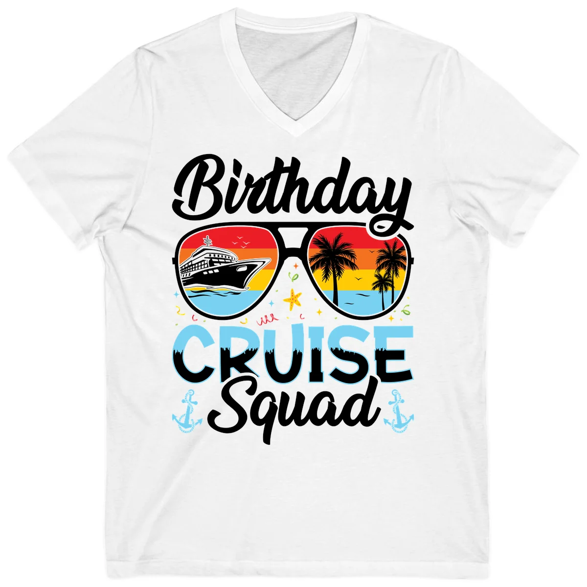 Birthday Cruise Squad Sunglasses V-Neck T-Shirt in White