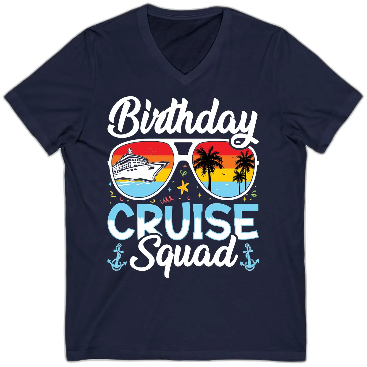 Birthday Cruise Squad Sunglasses V-Neck T-Shirt in Navy
