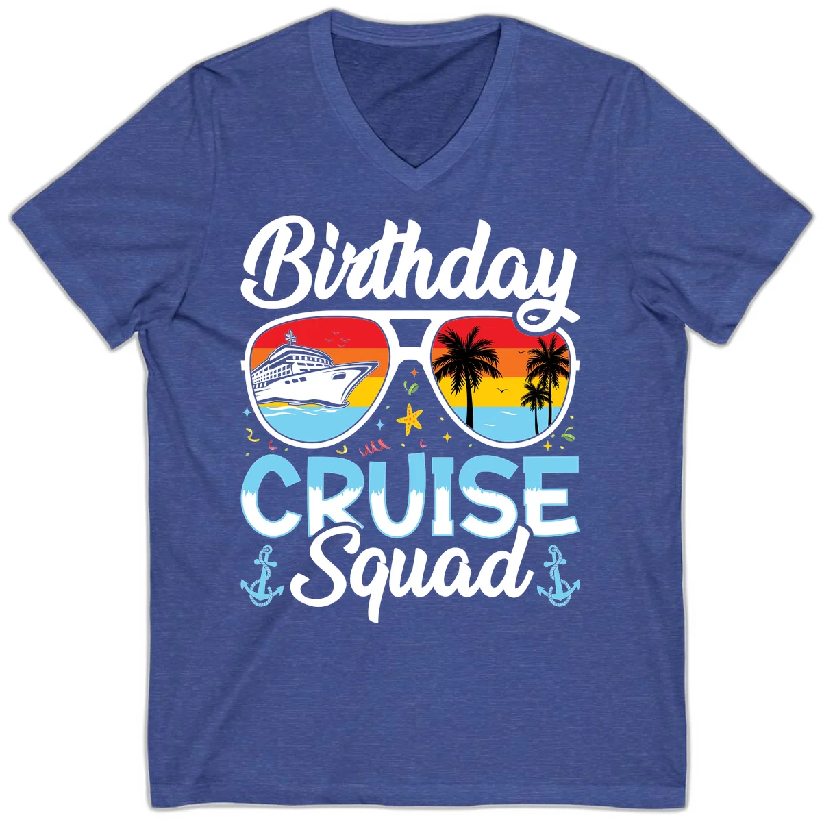 Birthday Cruise Squad Sunglasses V-Neck T-Shirt in Heather True Royal