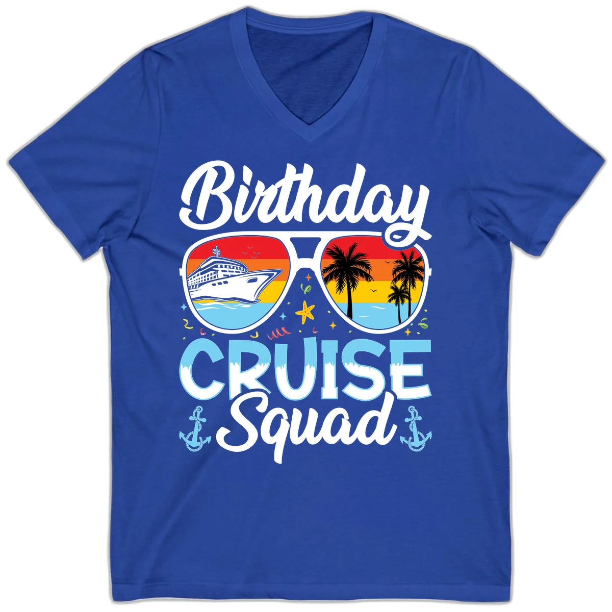 Birthday Cruise Squad Sunglasses V-Neck T-Shirt in True Royal