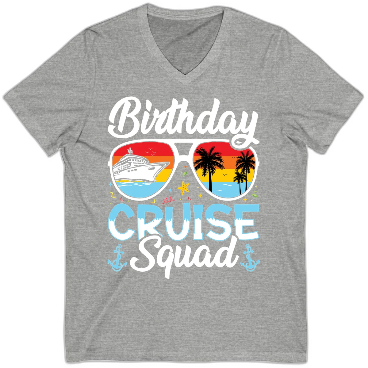 Birthday Cruise Squad Sunglasses V-Neck T-Shirt in Athletic Heather