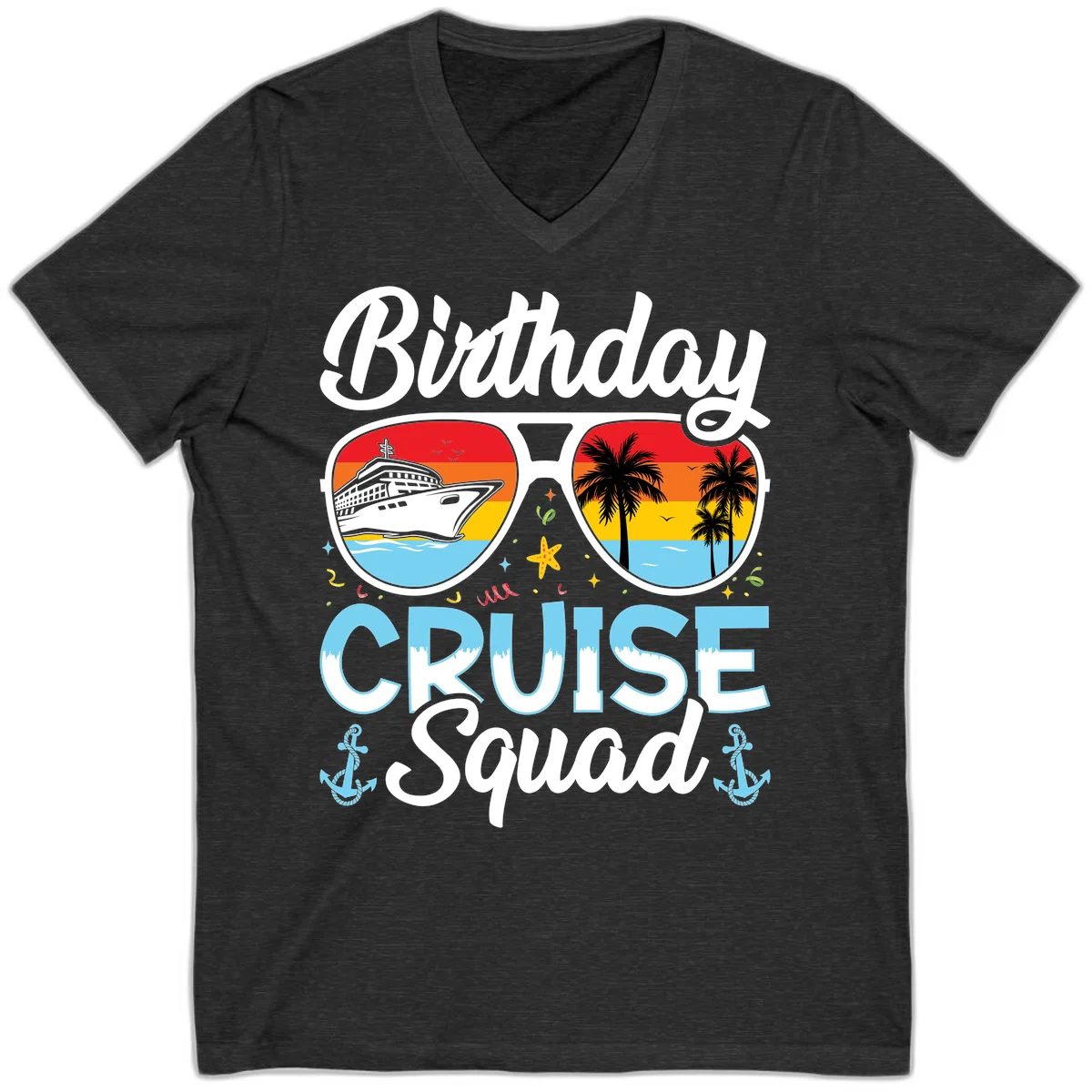 Birthday Cruise Squad Sunglasses V-Neck T-Shirt in Dark Grey Heather