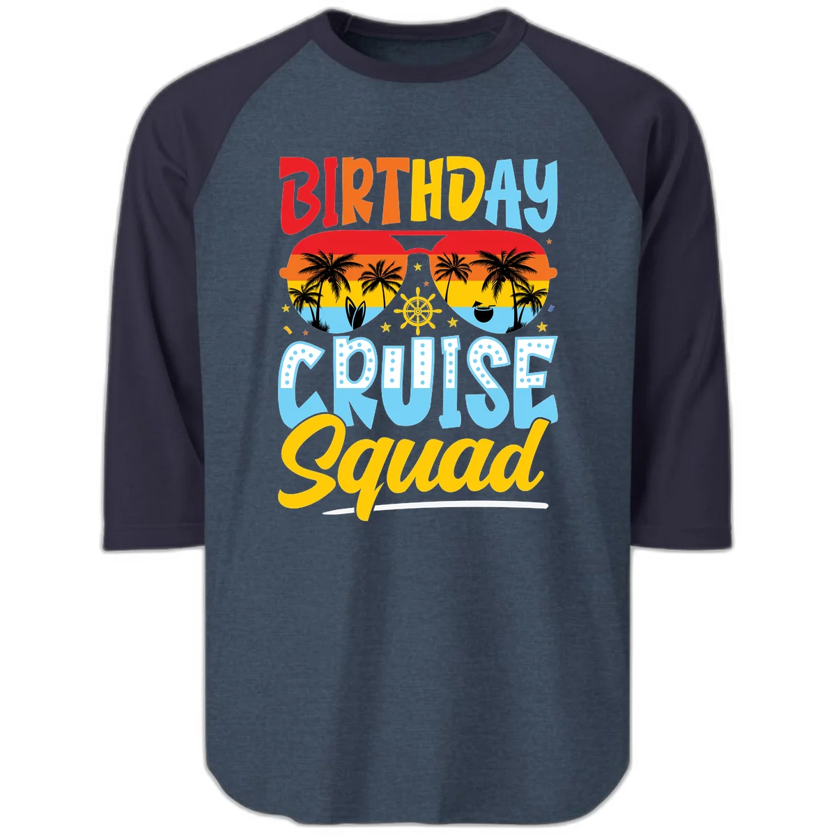 Birthday Cruise Squad Raglan 3/4 in Heather Denim Navy