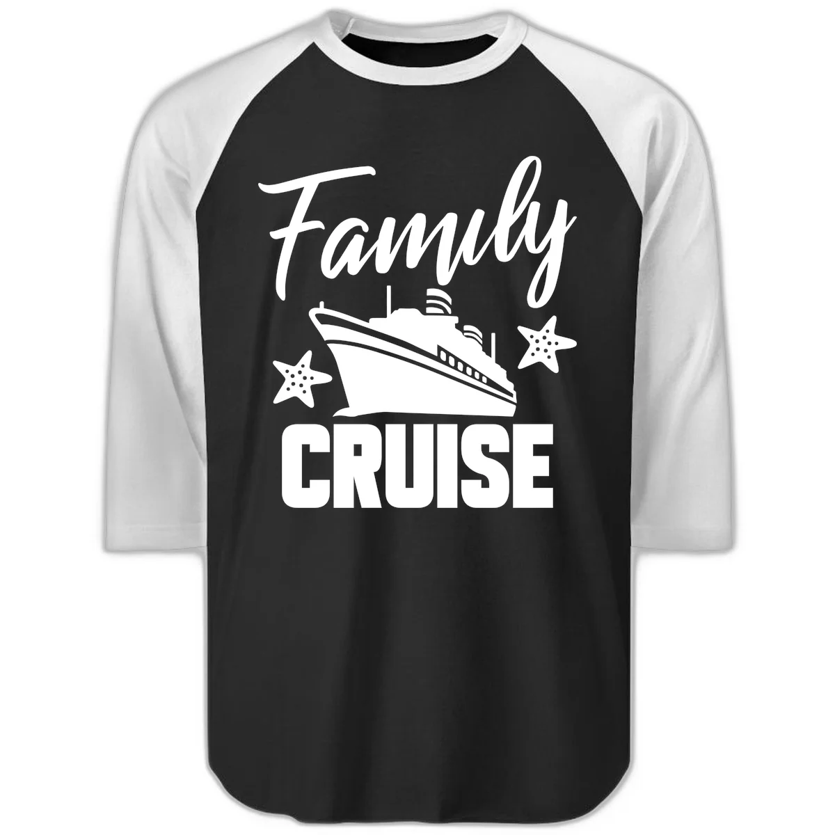 Family Cruise Ship & Starfish Raglan 3/4 Sleeve Tee in Black White