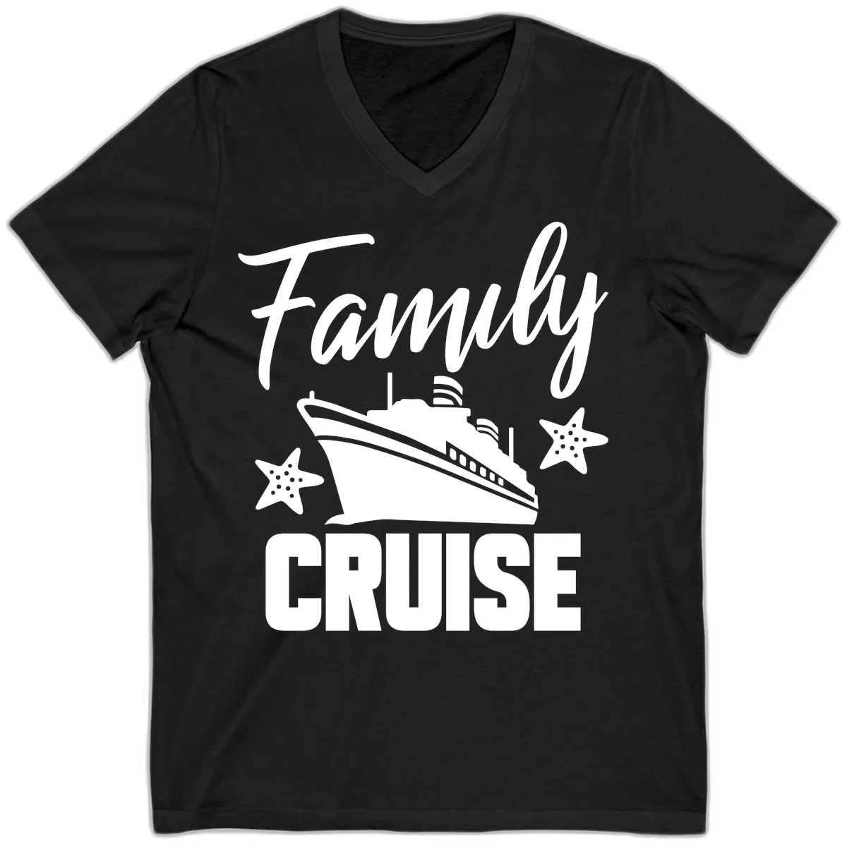 Family Cruise Ship & Starfish V-Neck T-Shirt in Black