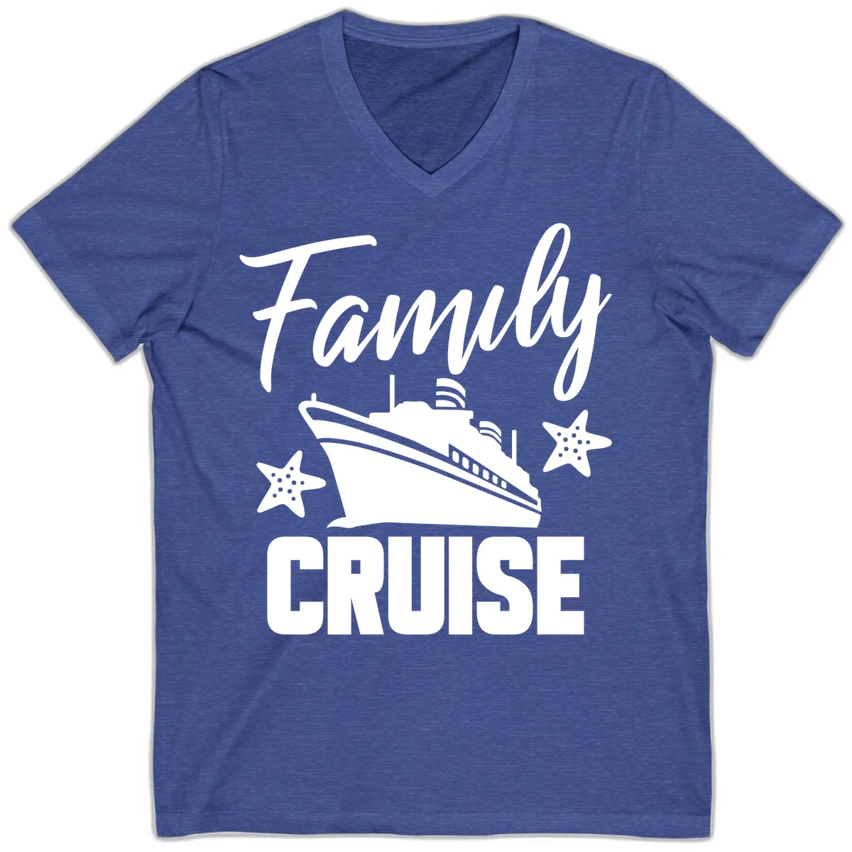 Family Cruise Ship & Starfish V-Neck T-Shirt in Heather True Royal