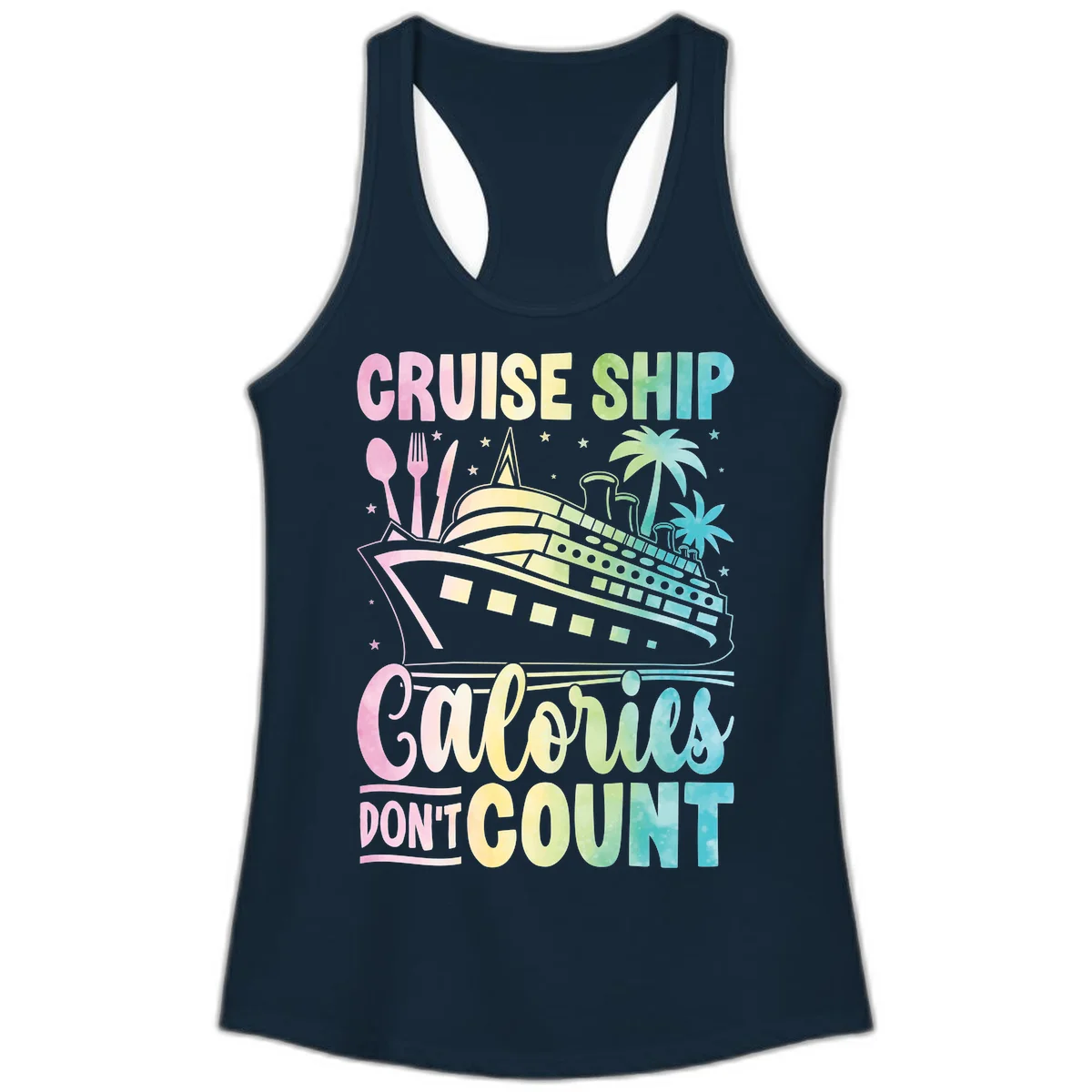 Cruise Ship Calories Don't Count Ladies Tank in Solid Midnight Navy