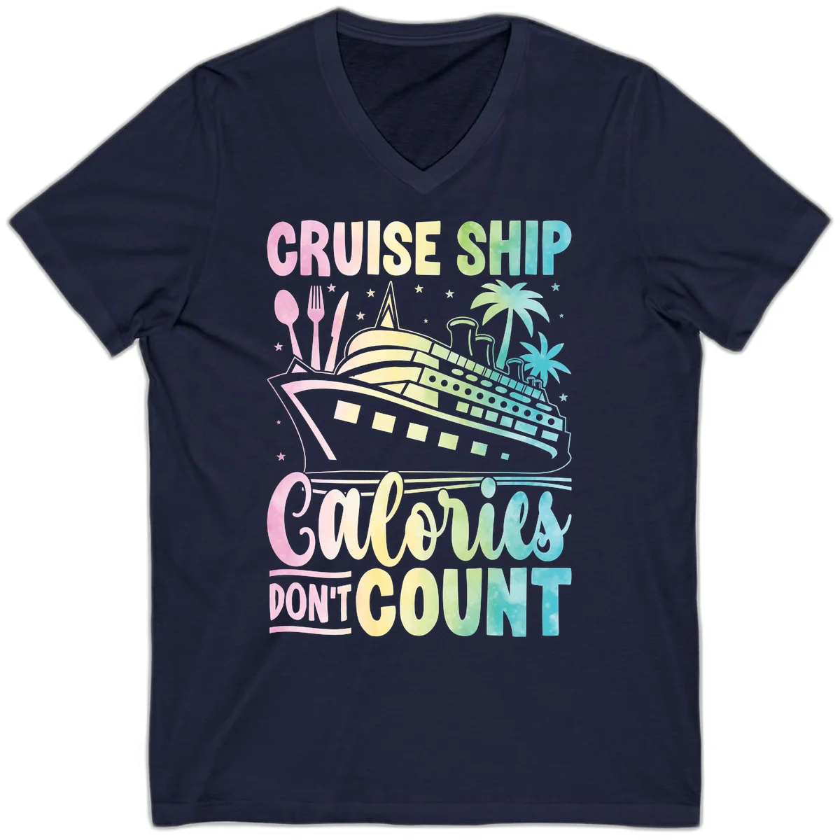 Cruise Ship Calories Don't Count V-Neck Tee in Navy