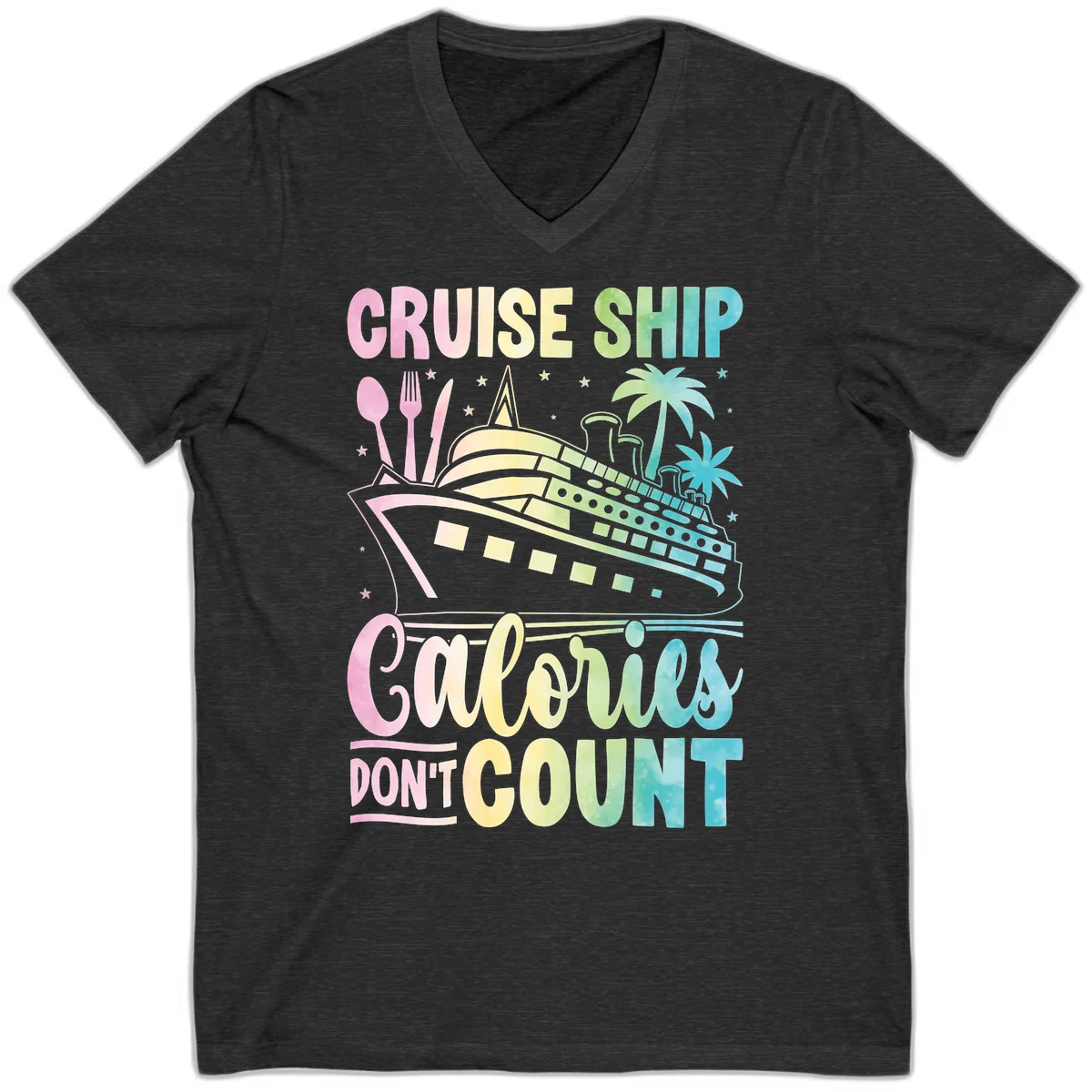 Cruise Ship Calories Don't Count V-Neck Tee in Dark Grey Heather