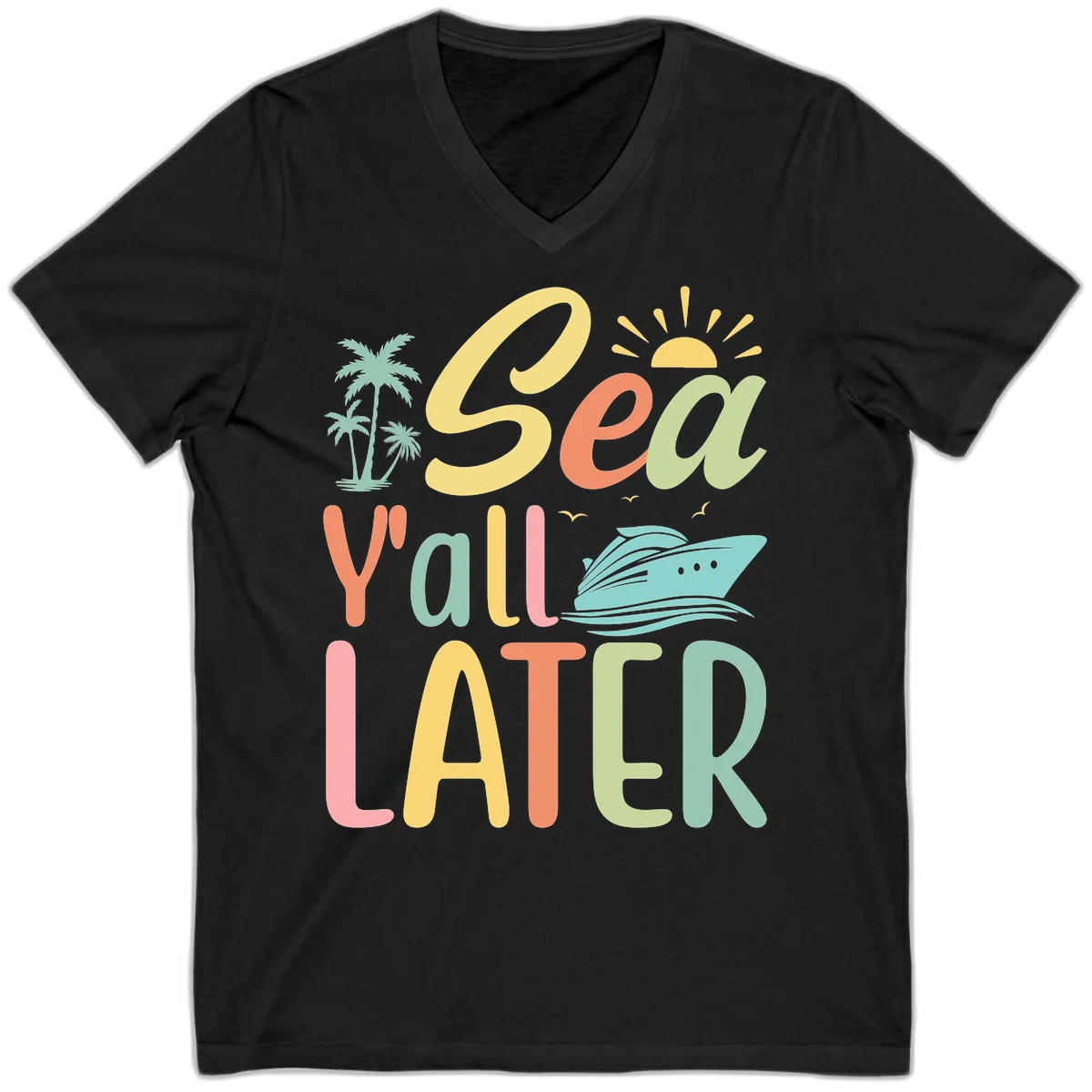 Sea Ya Later Cruise V-Neck Tee in Black