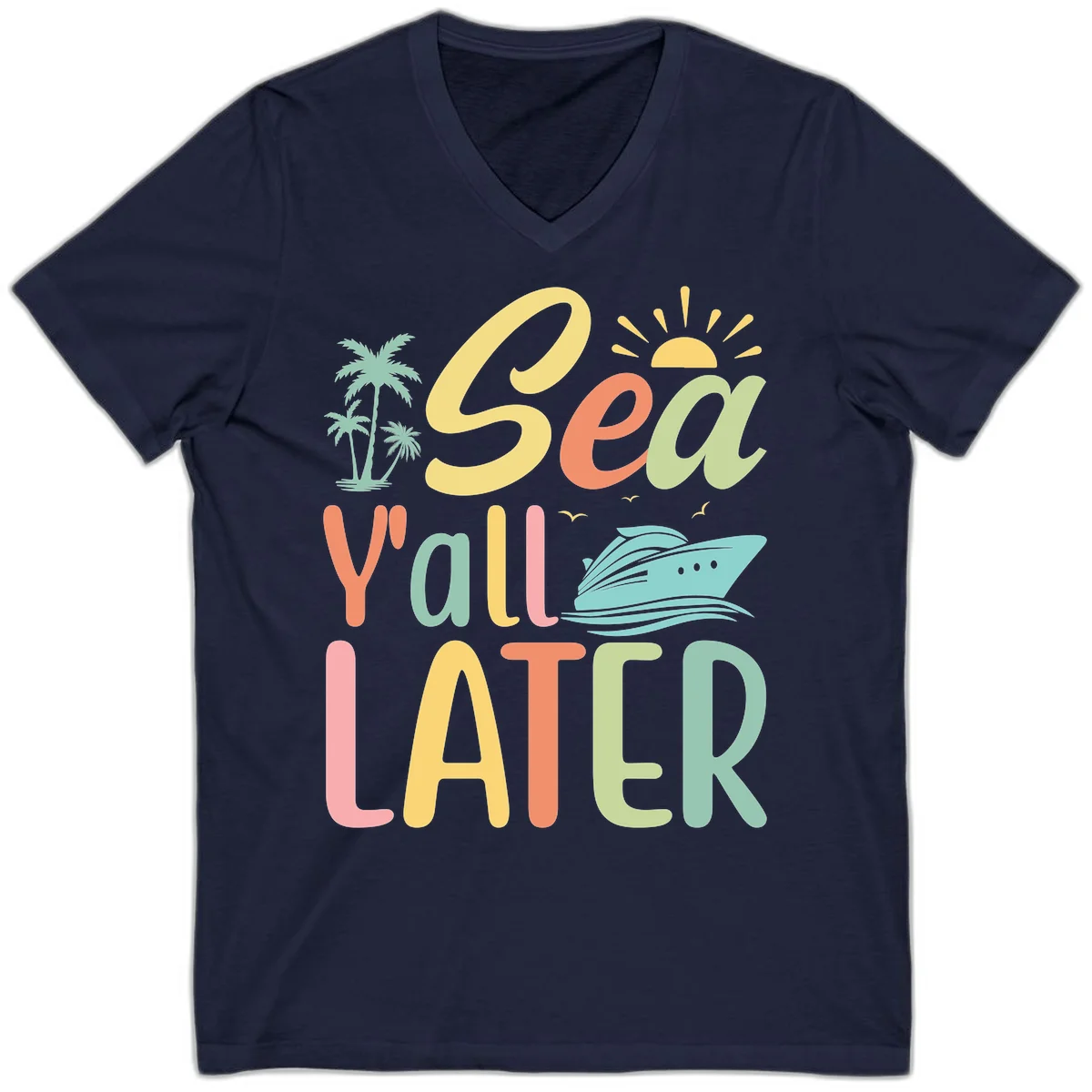 Sea Ya Later Cruise V-Neck Tee in Navy