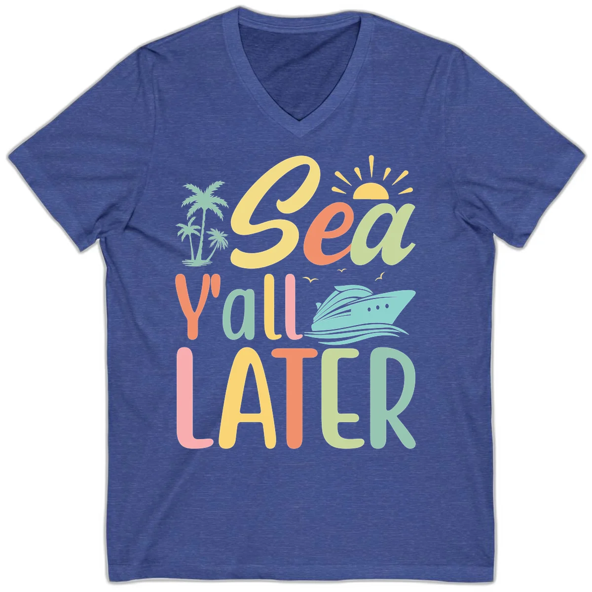 Sea Ya Later Cruise V-Neck Tee in Heather True Royal