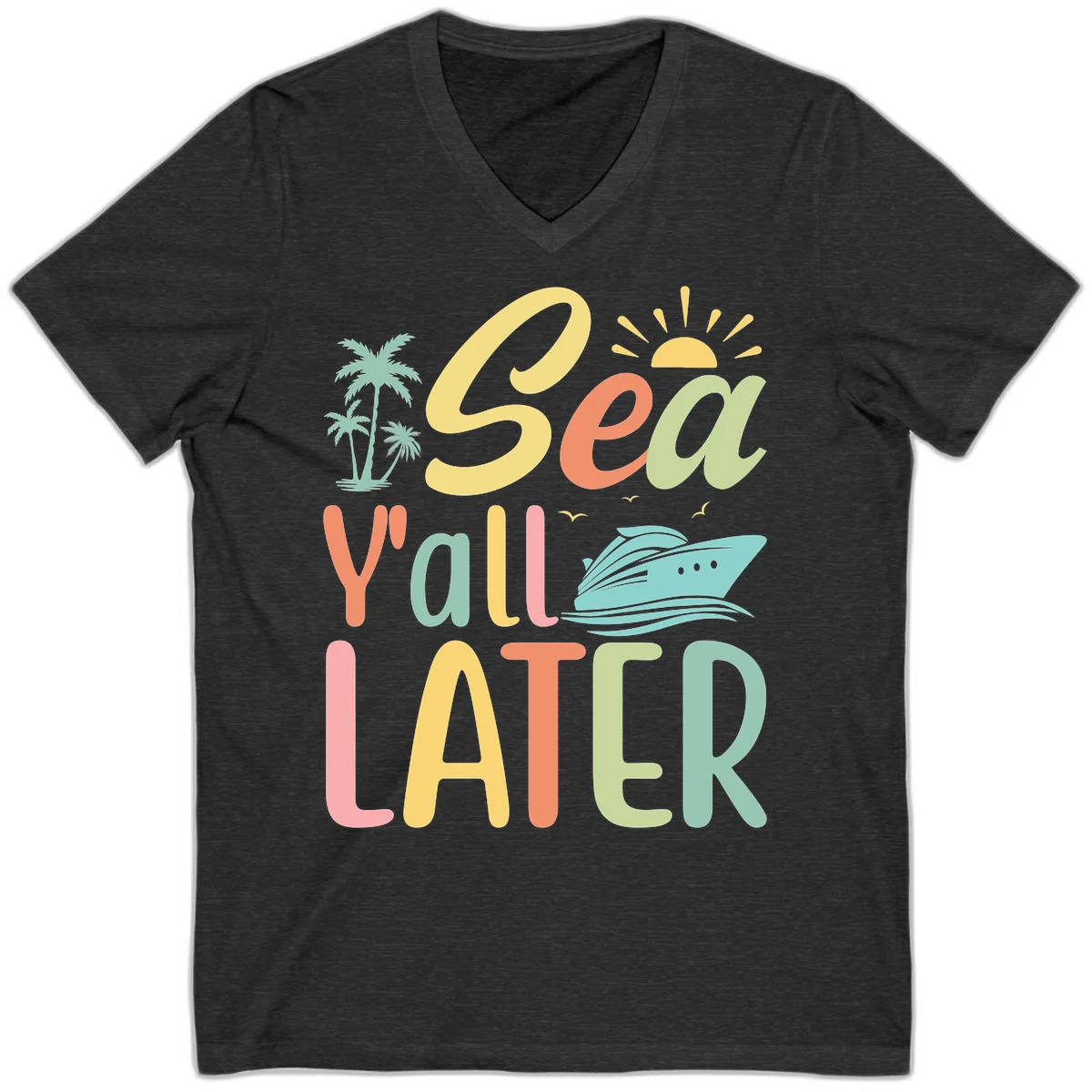 Sea Ya Later Cruise V-Neck Tee in Dark Grey Heather