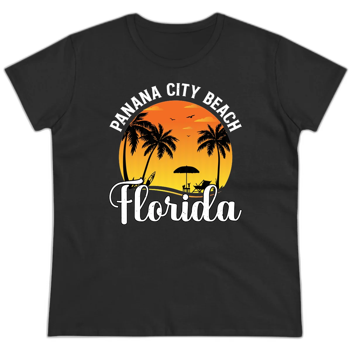 Panama City Beach Tiki Sunset Ladies Tee in Black