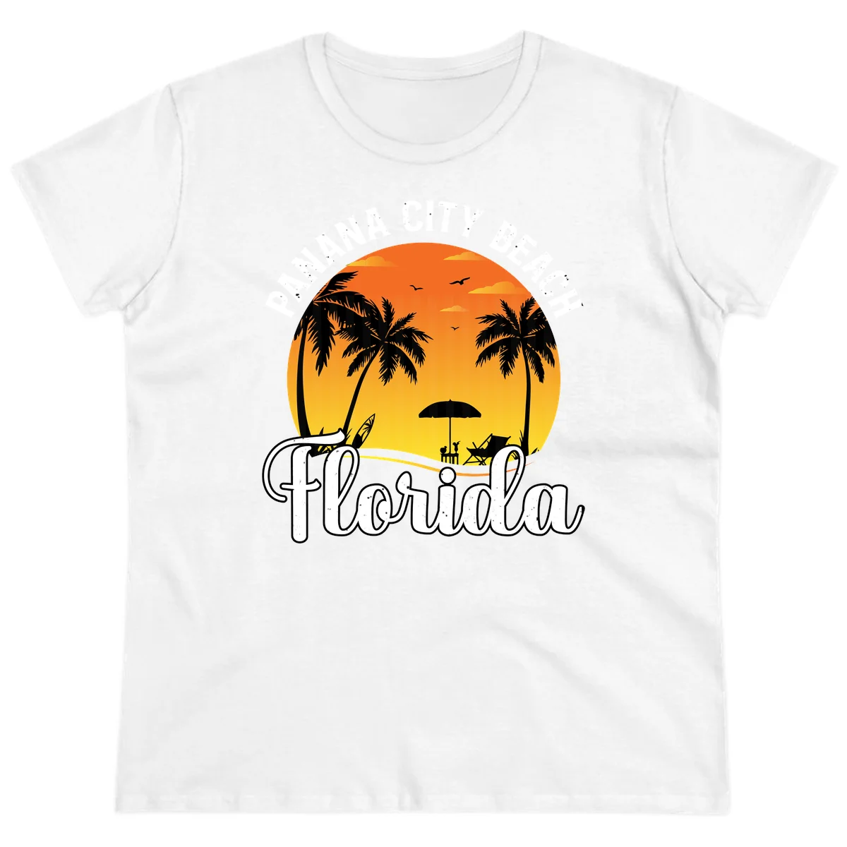 Panama City Beach Tiki Sunset Ladies Tee in White