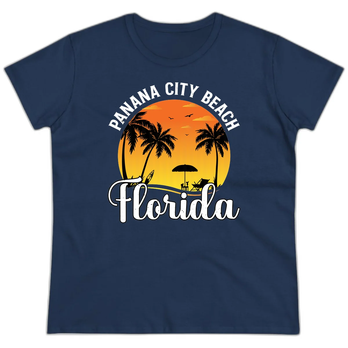 Panama City Beach Tiki Sunset Ladies Tee in Navy