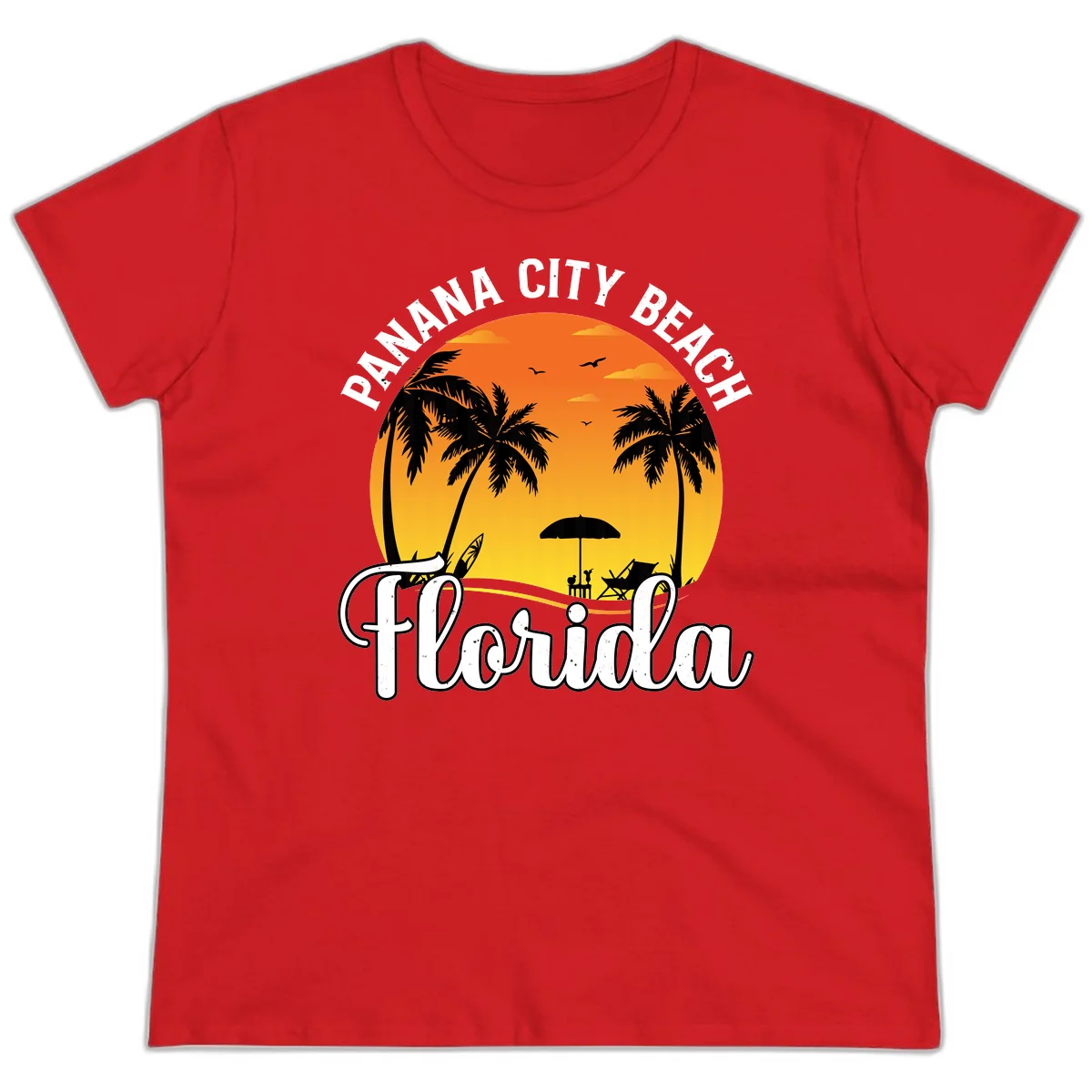 Panama City Beach Tiki Sunset Ladies Tee in Red