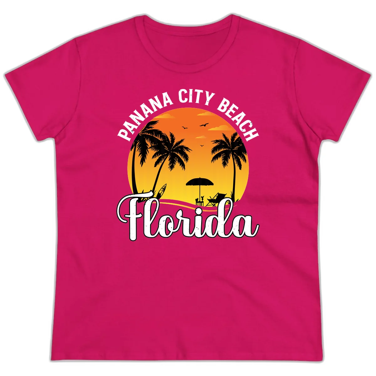 Panama City Beach Tiki Sunset Ladies Tee in Heliconia
