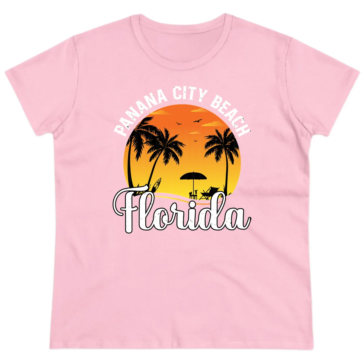 Panama City Beach Tiki Sunset Ladies Tee in Light Pink