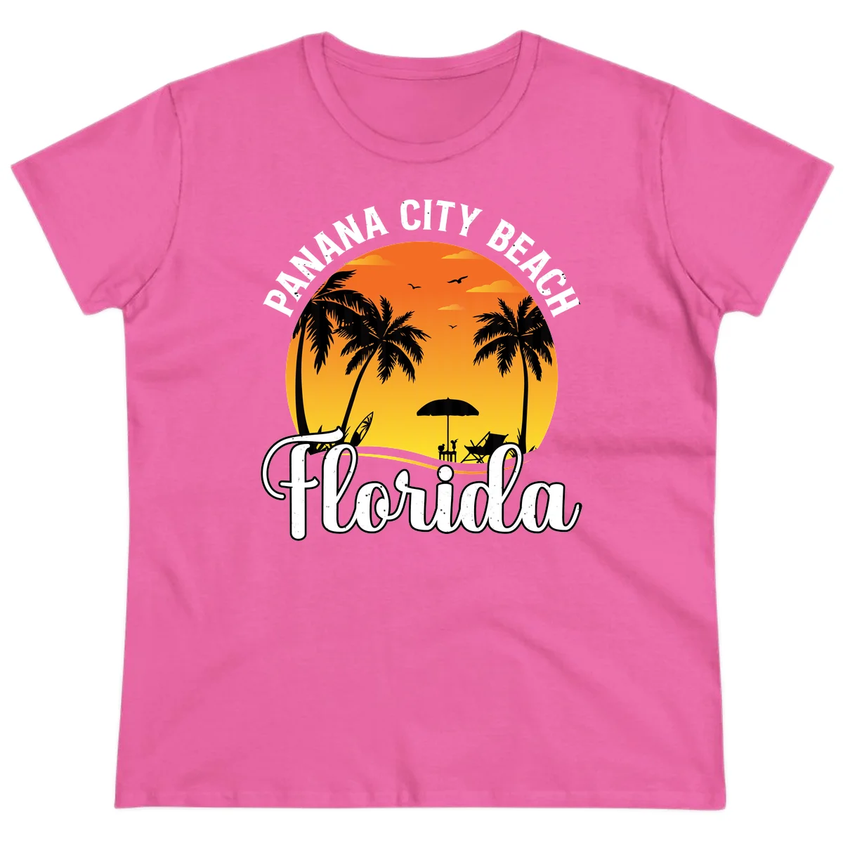 Panama City Beach Tiki Sunset Ladies Tee in Azalea