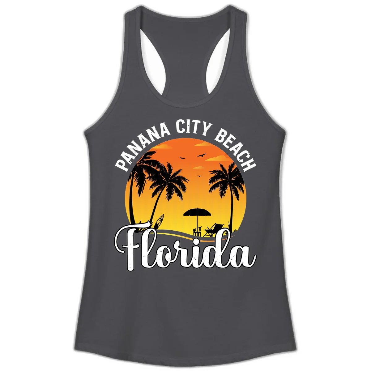 Panama City Beach Tiki Sunset Ladies Tank in Solid Dark Gray