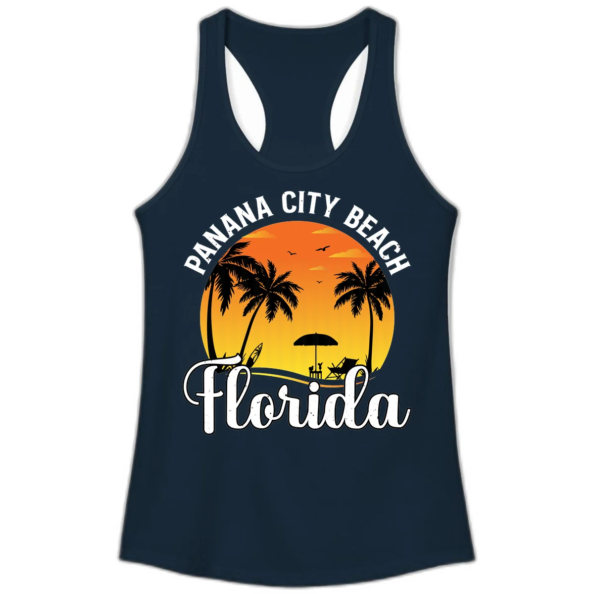 Panama City Beach Tiki Sunset Ladies Tank in Solid Midnight Navy