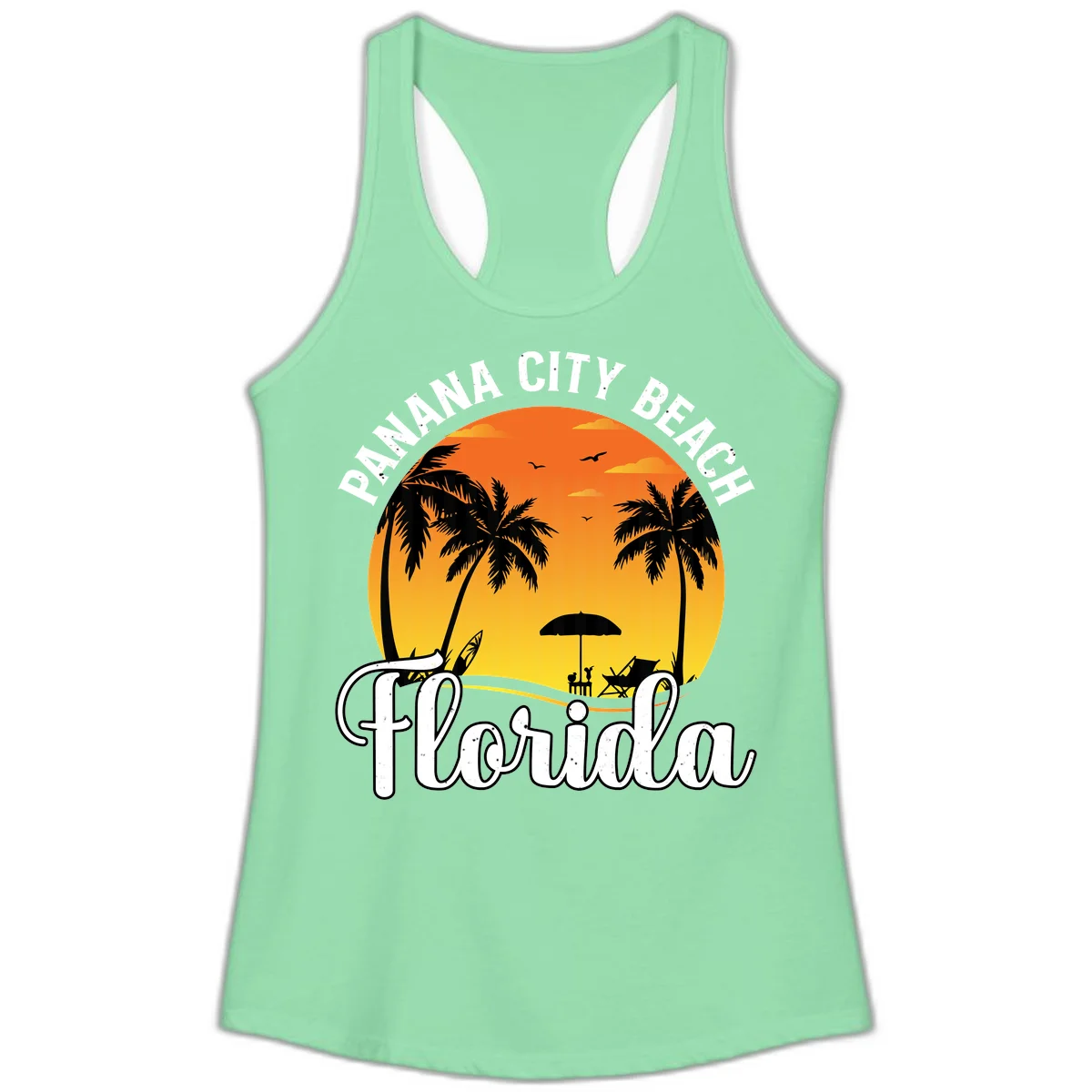 Panama City Beach Tiki Sunset Ladies Tank in Solid Mint
