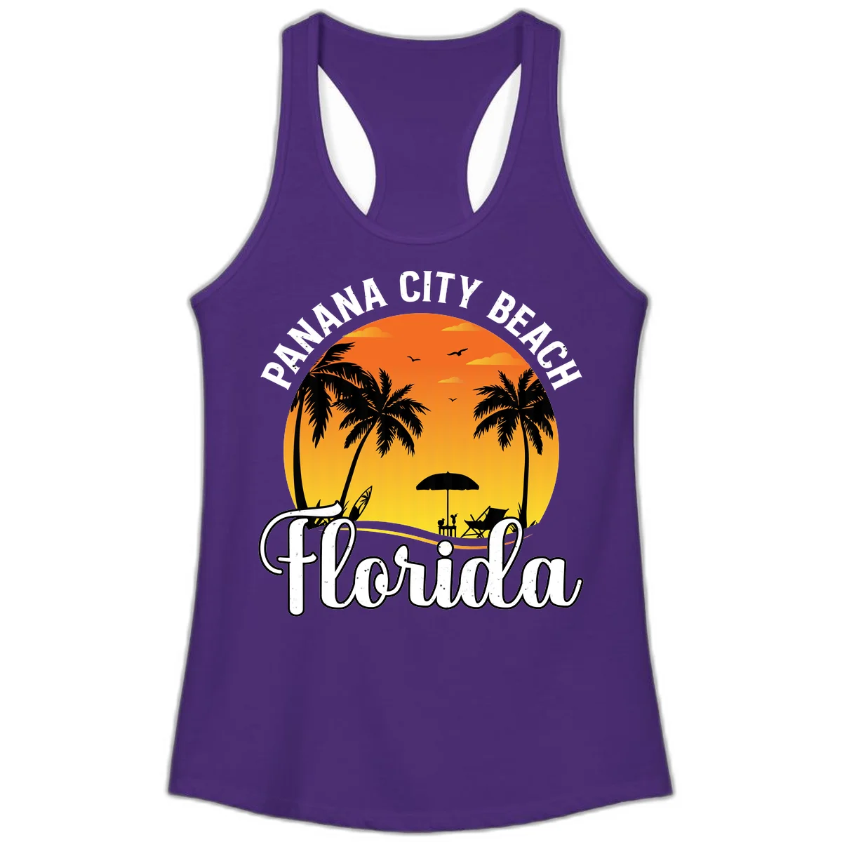 Panama City Beach Tiki Sunset Ladies Tank in Solid Purple Rush