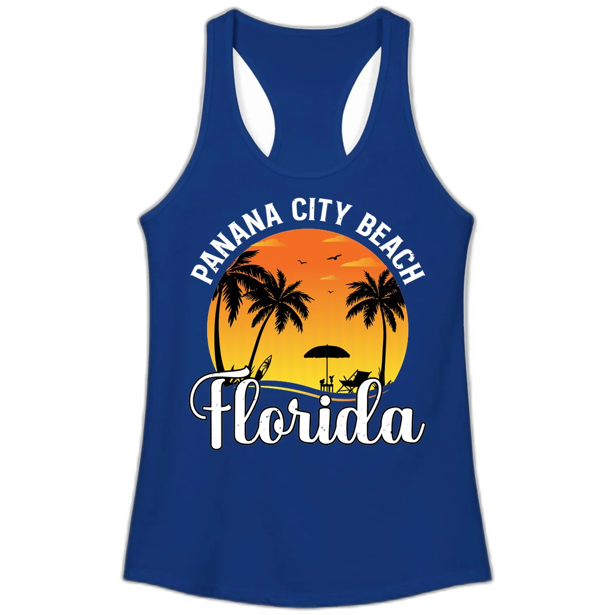 Panama City Beach Tiki Sunset Ladies Tank in Solid Royal