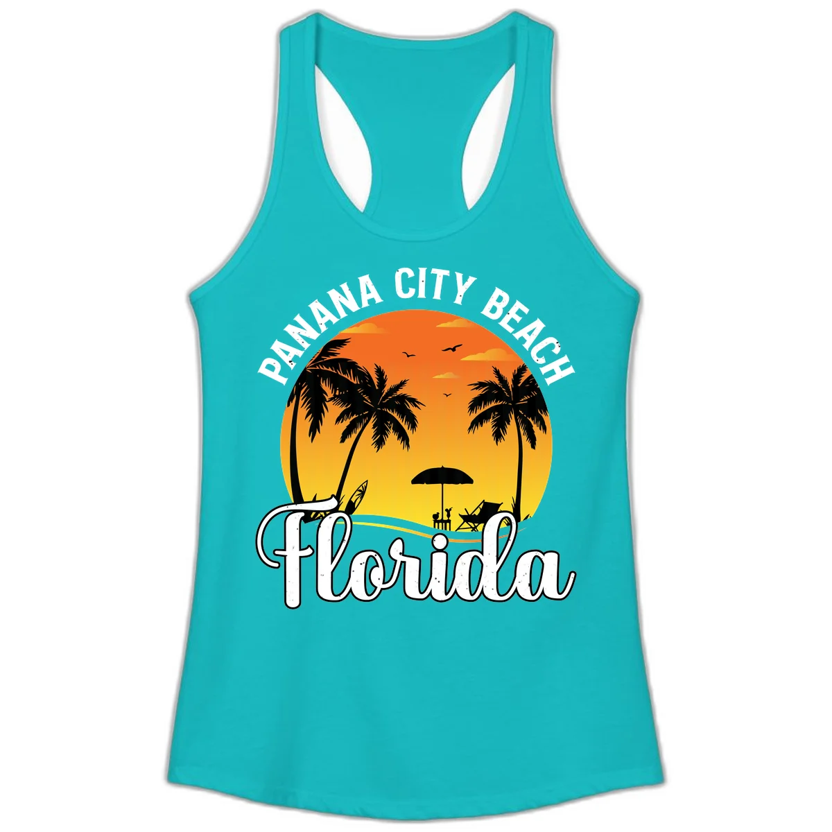 Panama City Beach Tiki Sunset Ladies Tank in Tahiti Blue