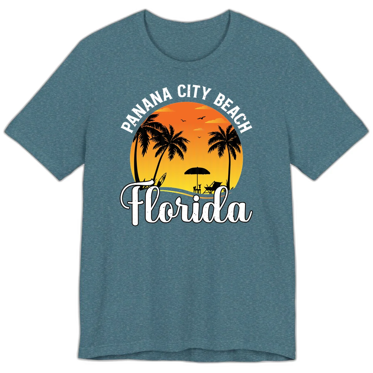 Panama City Beach Tiki Sunset Premium T-Shirt in Heather Deep Teal