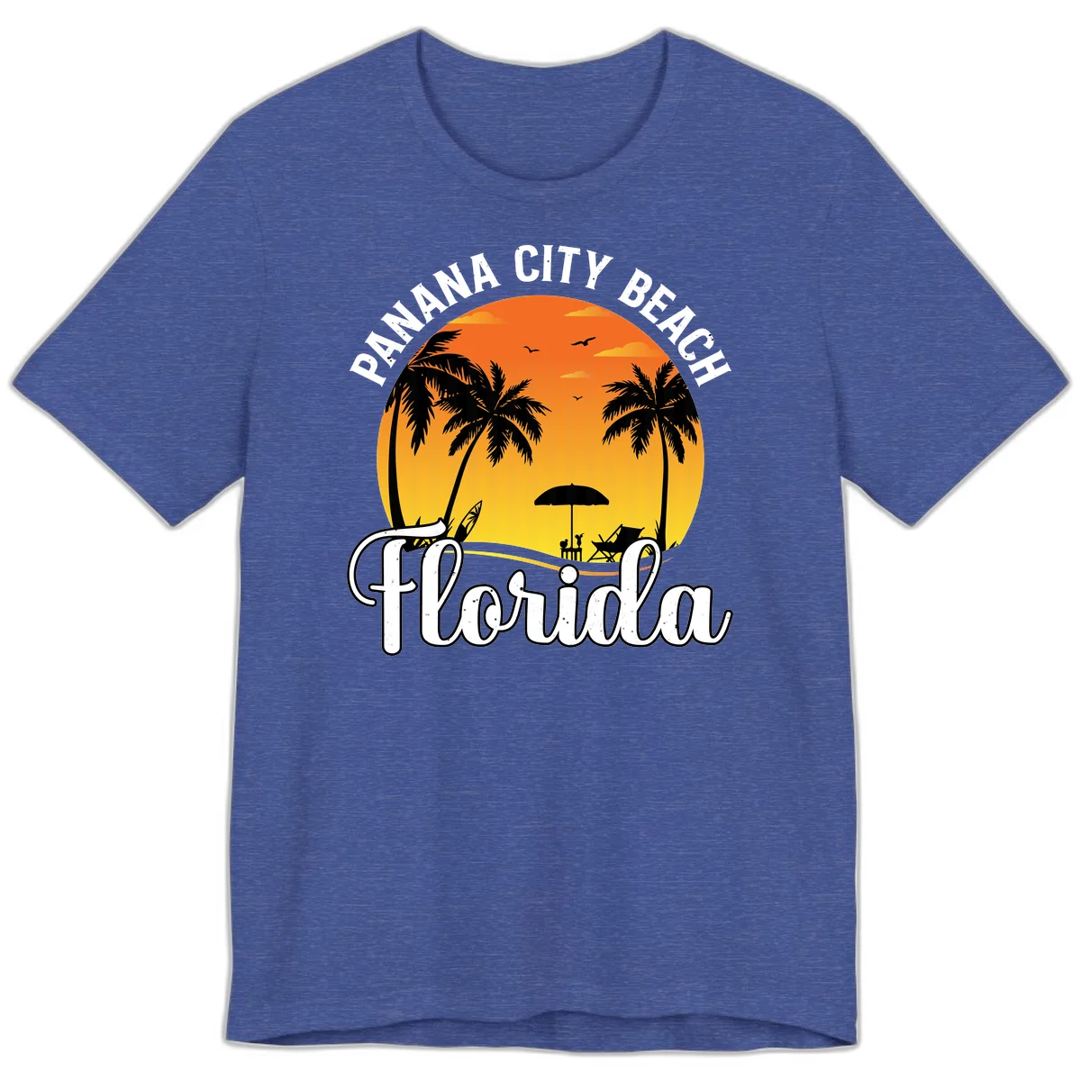 Panama City Beach Tiki Sunset Premium T-Shirt in Heather True Royal