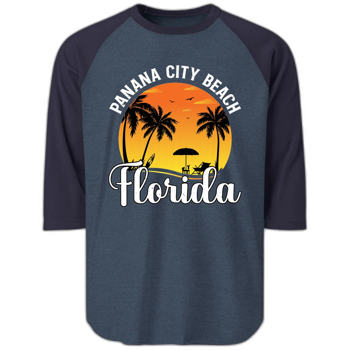 Panama City Beach Tiki Sunset Raglan 3/4 in Heather Denim Navy