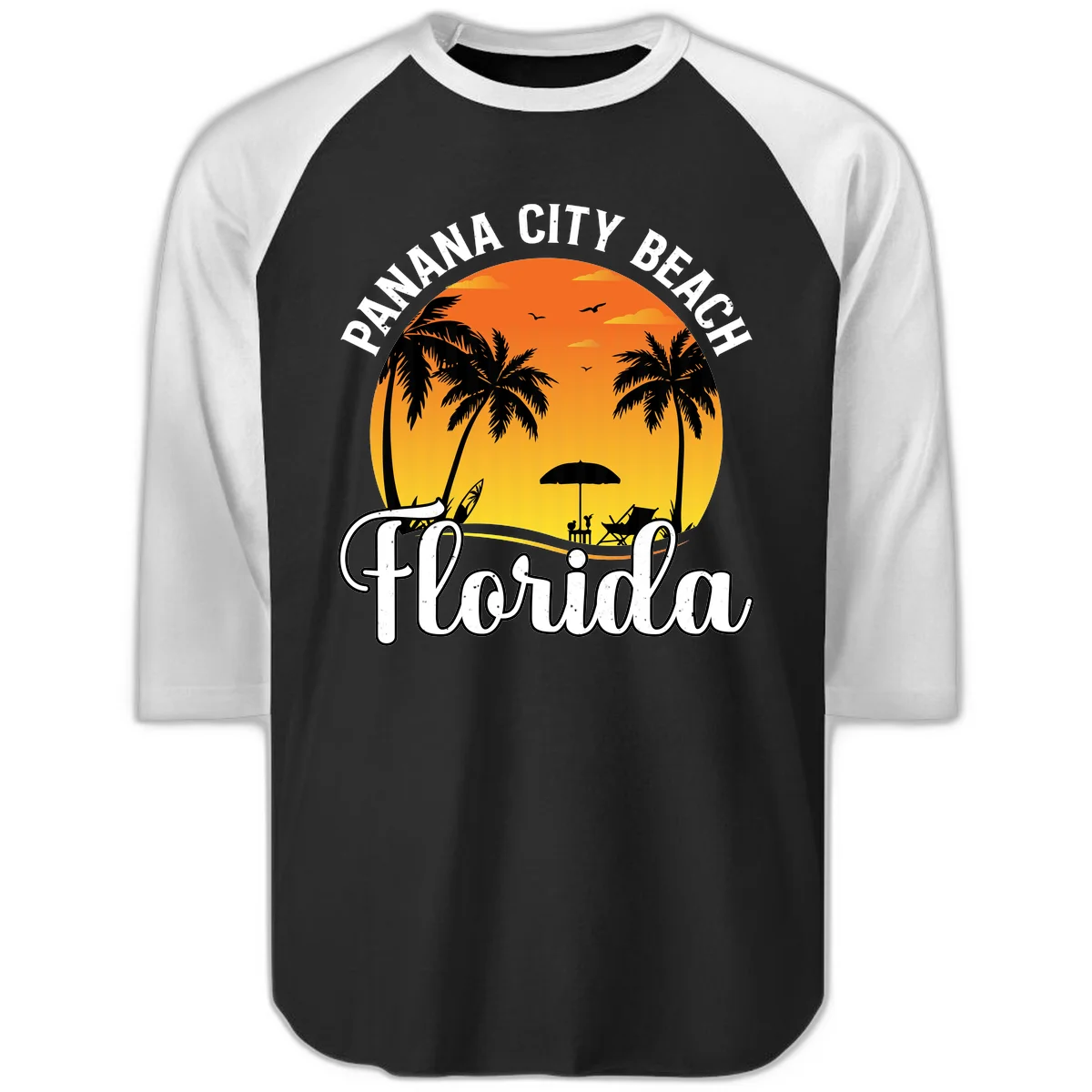 Panama City Beach Tiki Sunset Raglan 3/4 in Black White