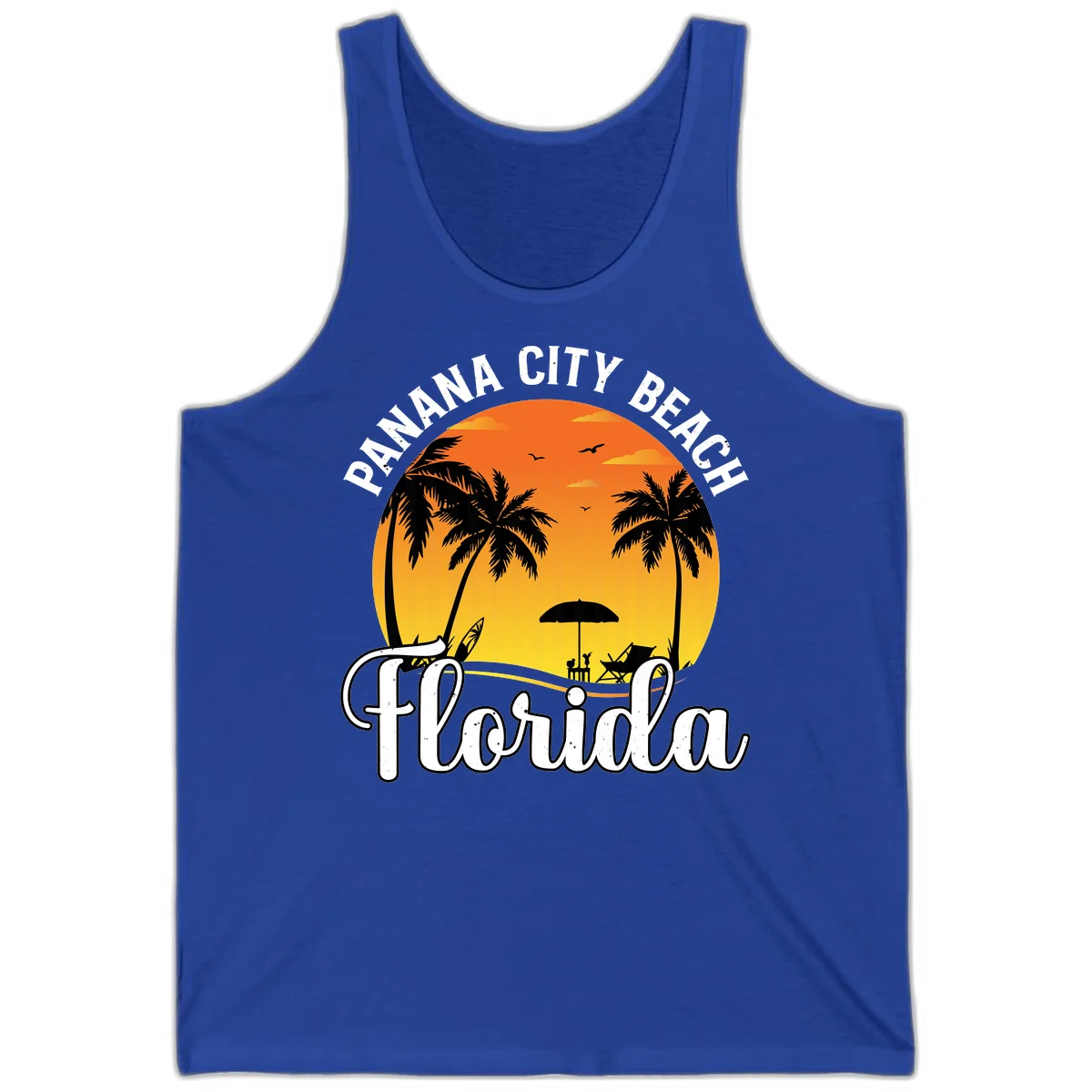 Panama City Beach Tiki Sunset Tank in True Royal