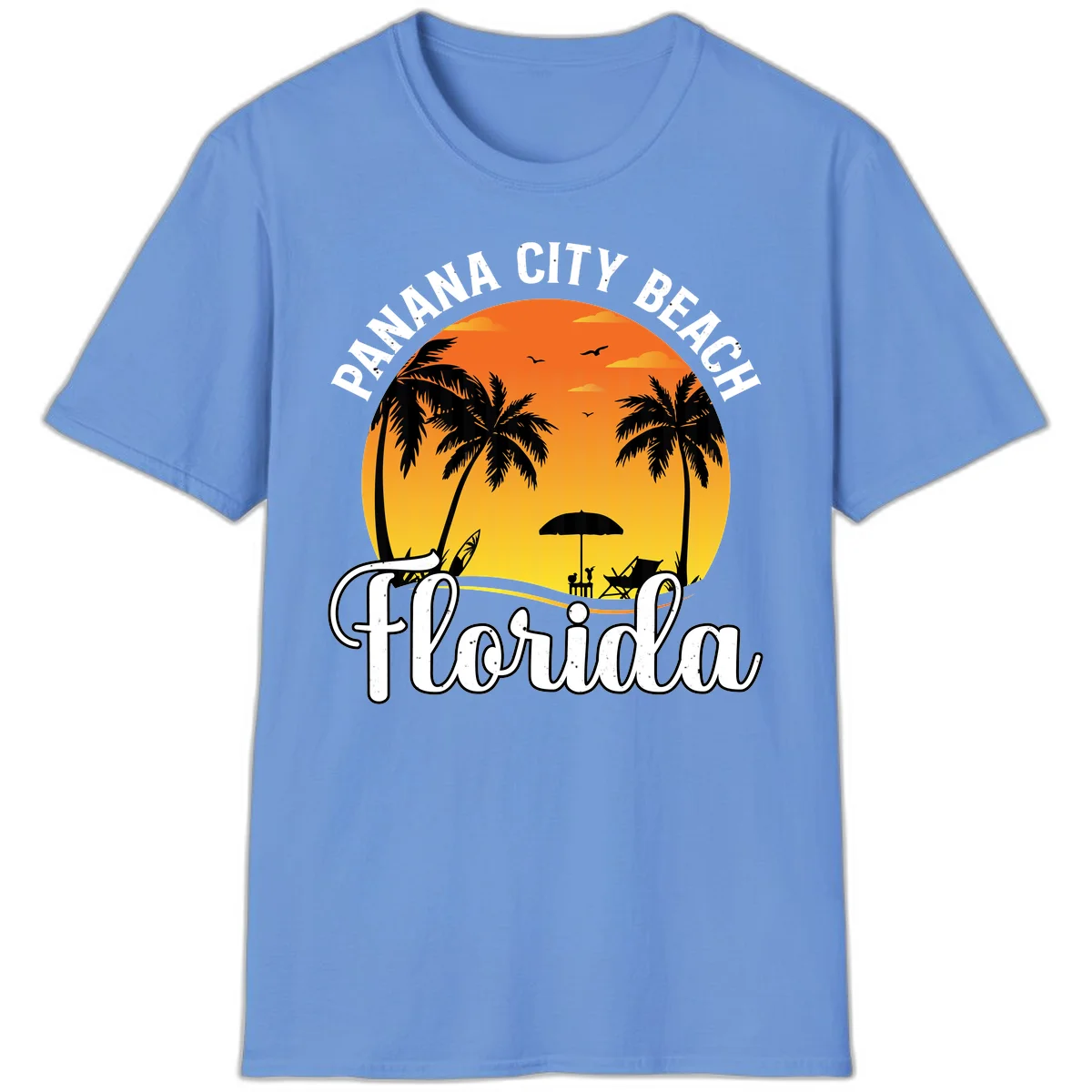 Panama City Beach Tiki Sunset T-Shirt in Carolina Blue