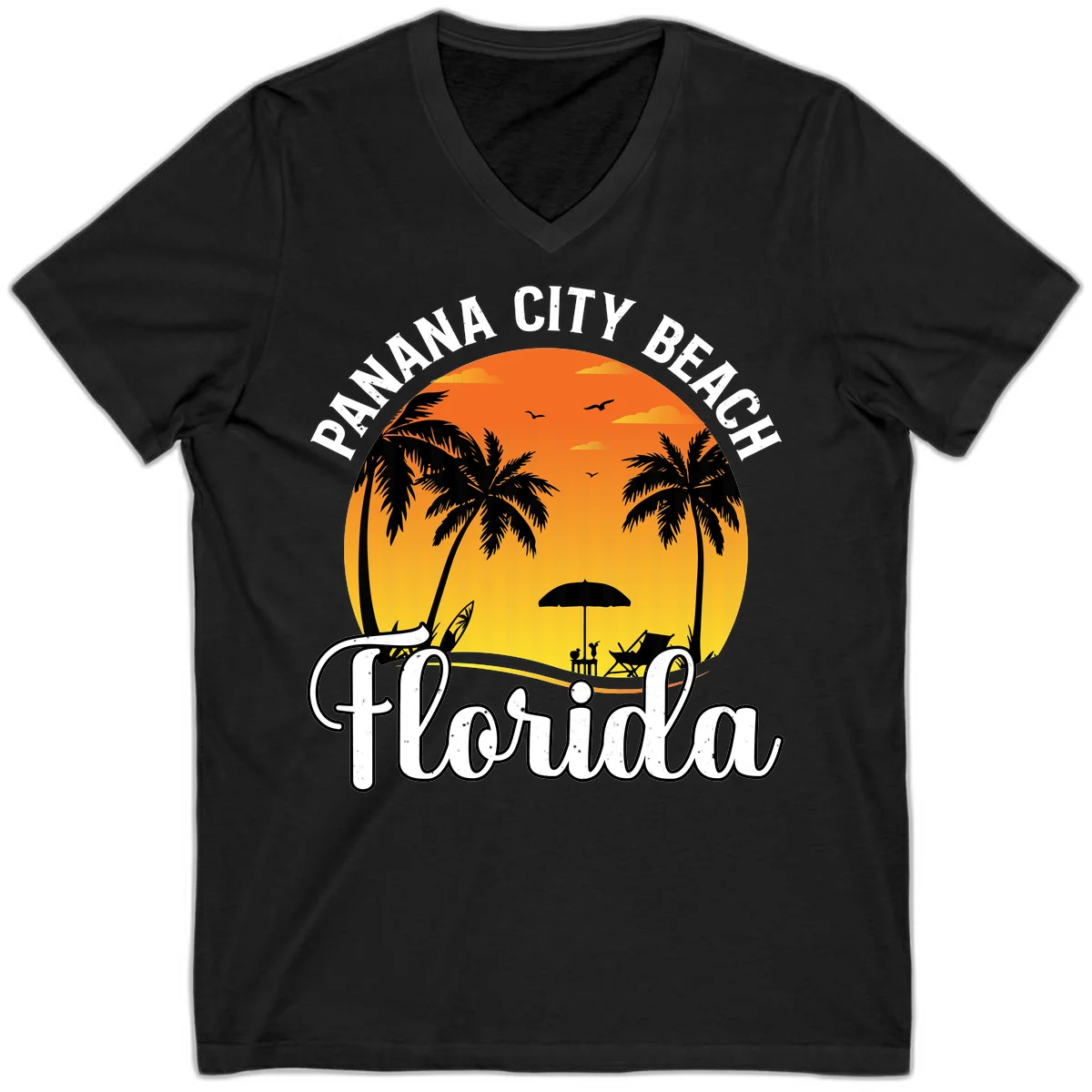 Panama City Beach Tiki Sunset V-Neck in Black