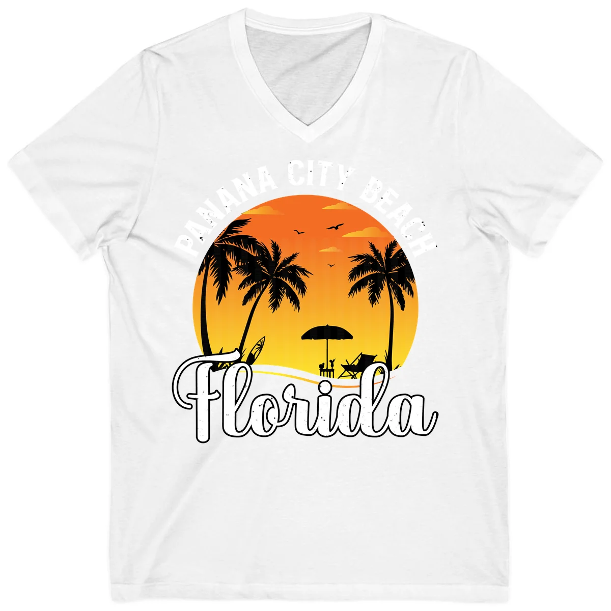 Panama City Beach Tiki Sunset V-Neck in White