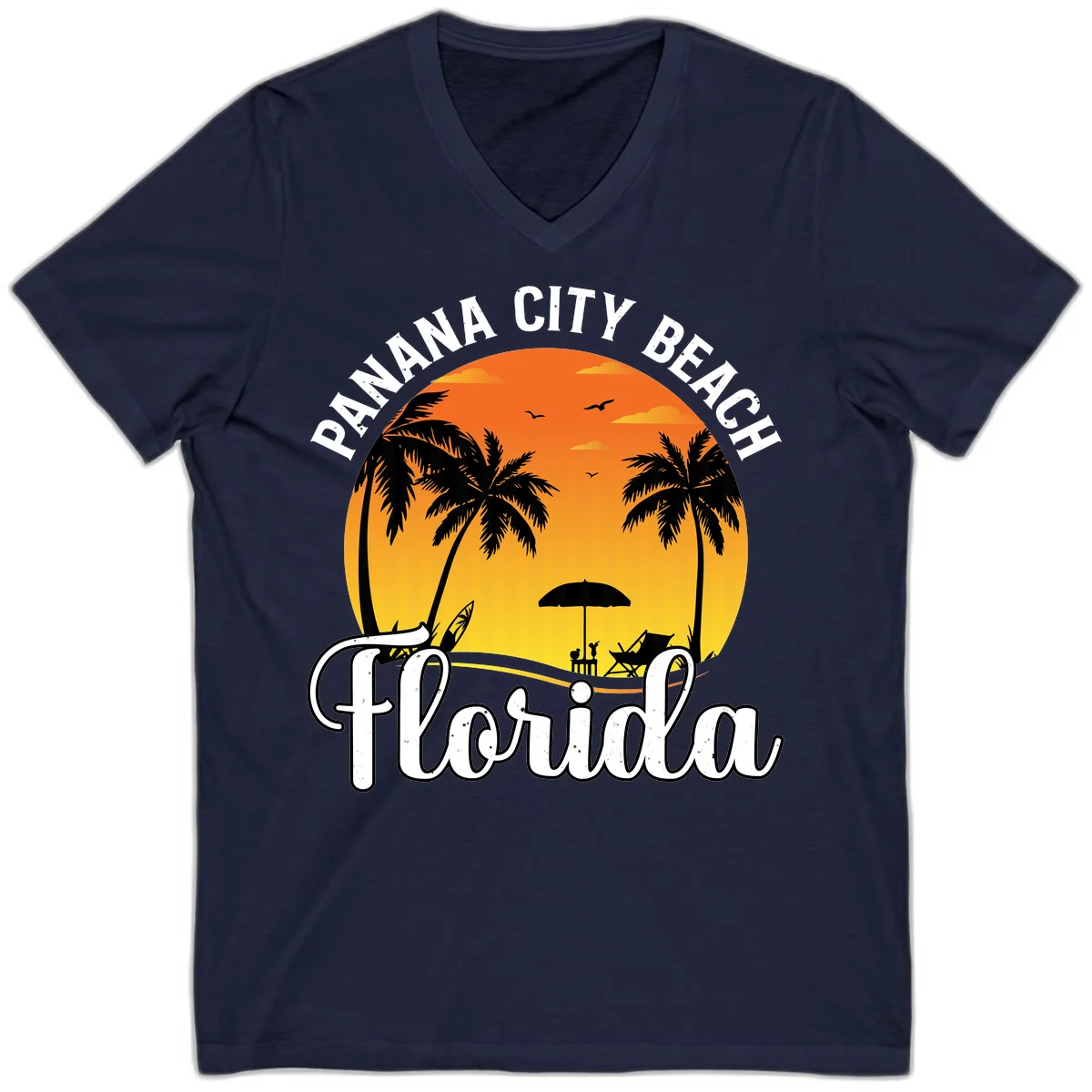 Panama City Beach Tiki Sunset V-Neck in Navy