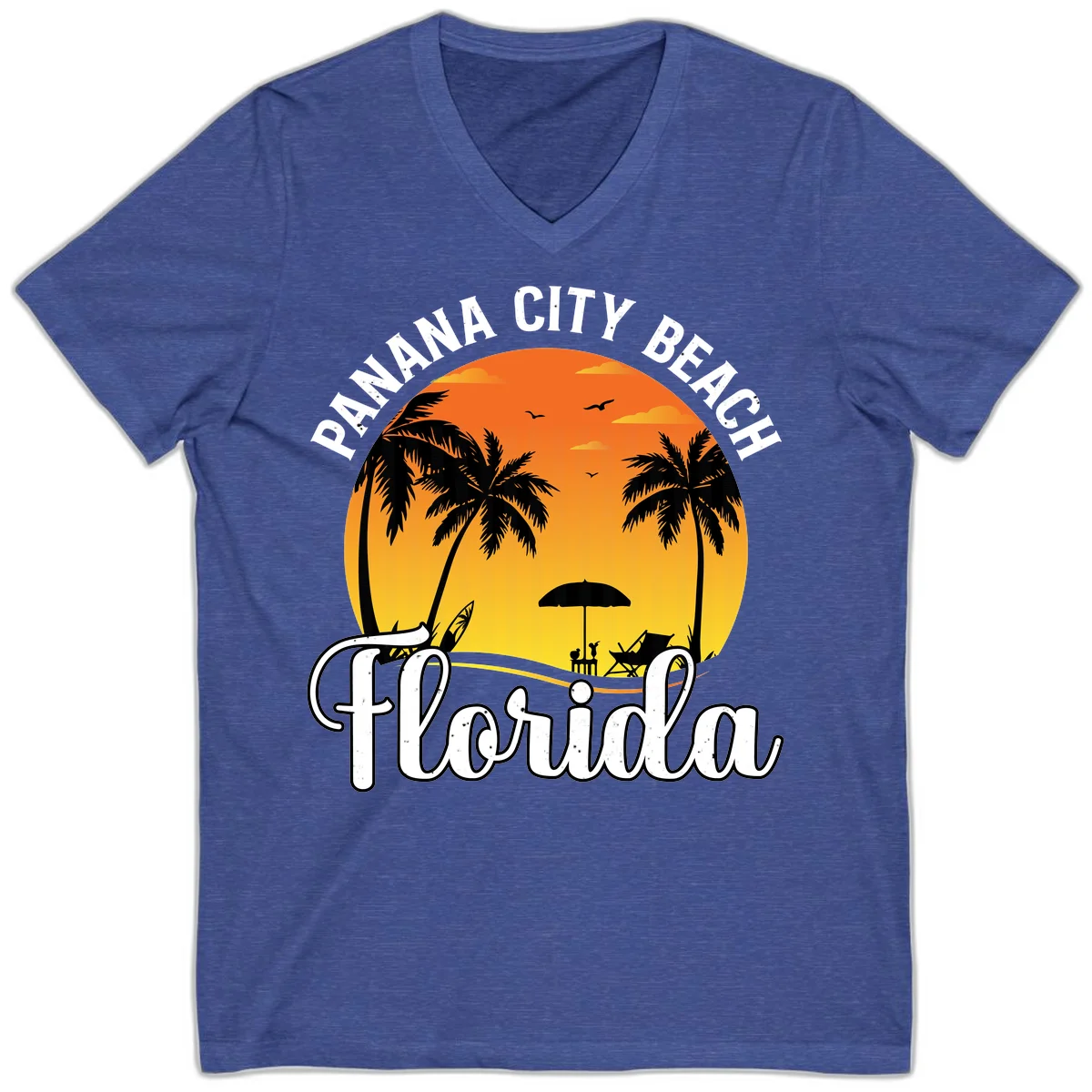 Panama City Beach Tiki Sunset V-Neck in Heather True Royal