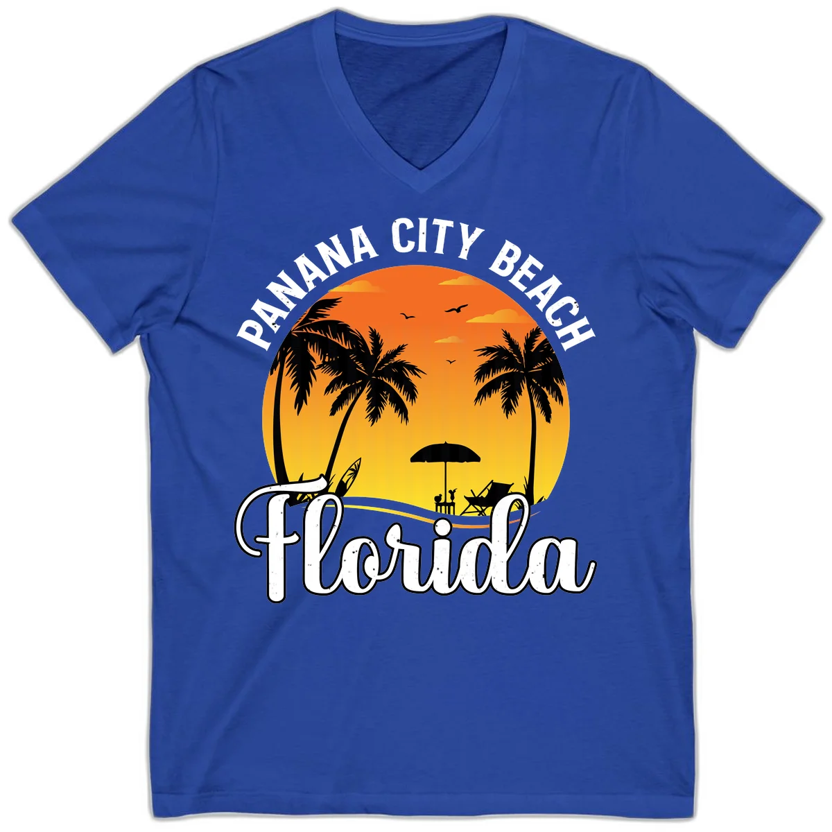 Panama City Beach Tiki Sunset V-Neck in True Royal