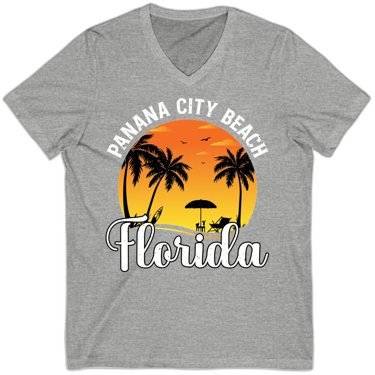 Panama City Beach Tiki Sunset V-Neck in Athletic Heather